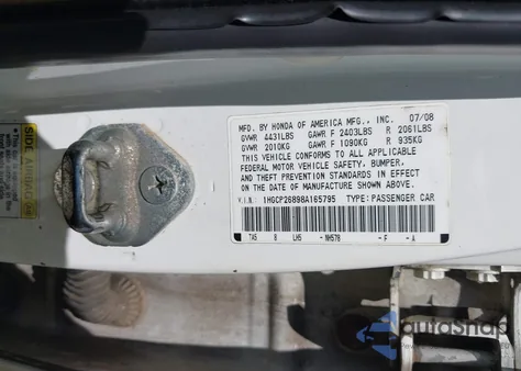 2008 Honda Accord 2.4 Ex-L из США, поврежденный, VIN 1HGCP26898A165795